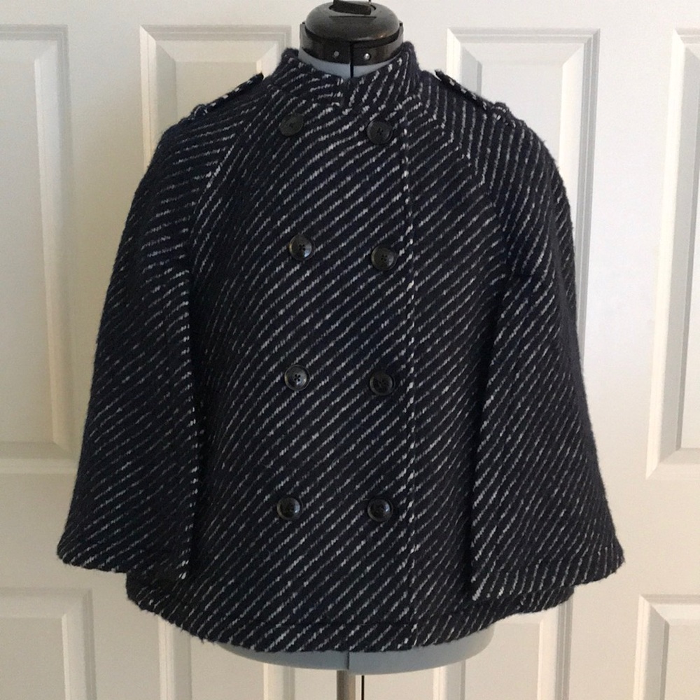 Banana Republic Dark Navy Blue & Ivory  Tan Striped Tweed Cape Coat S